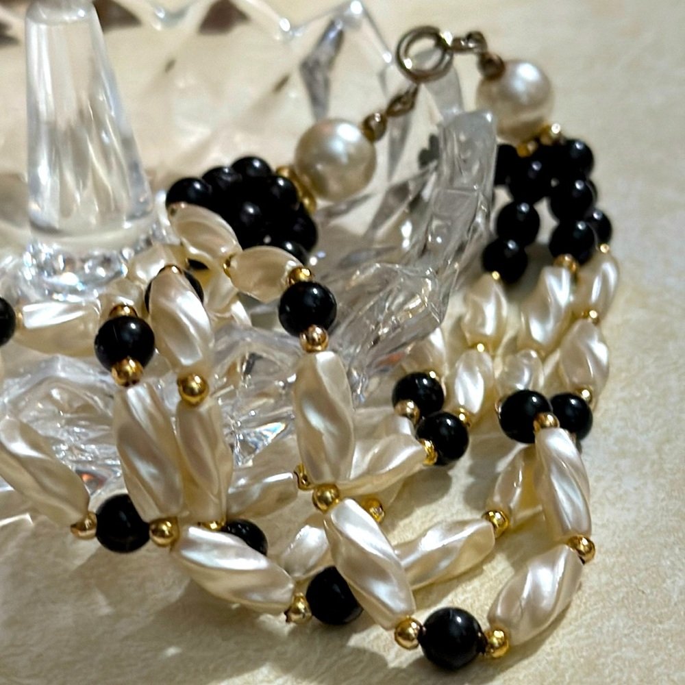Vintage Plastic Pearl and Black Bead 3-Strand Bracelet